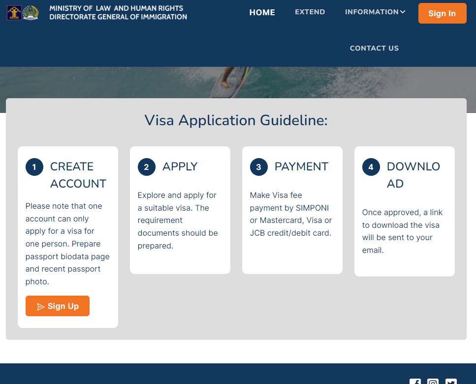 インドネシア オンラインビザ申請最初の画面